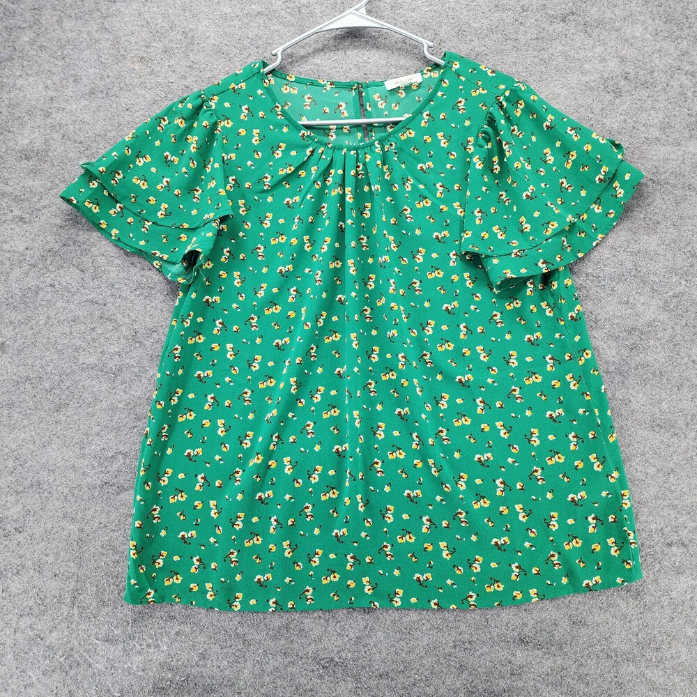 Pleione Blouse Womens Medium Short Sleeve Green Floral